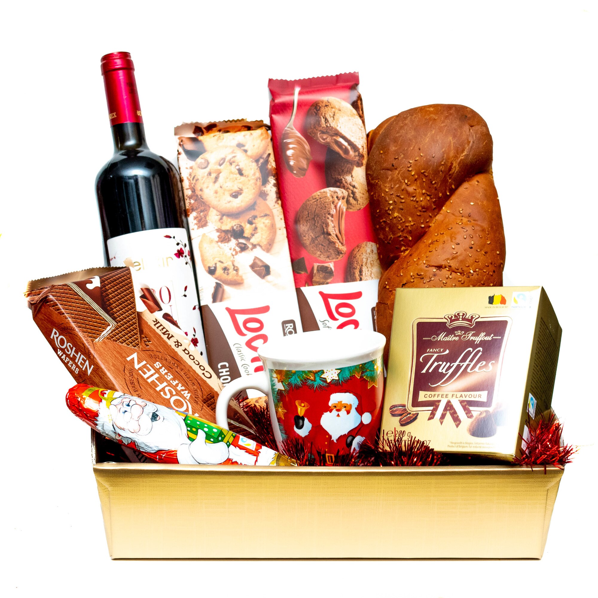 Cos Cadou de Craciun cu Cozonac, Vin si Dulciuri , Cana Cadou, Auriu
